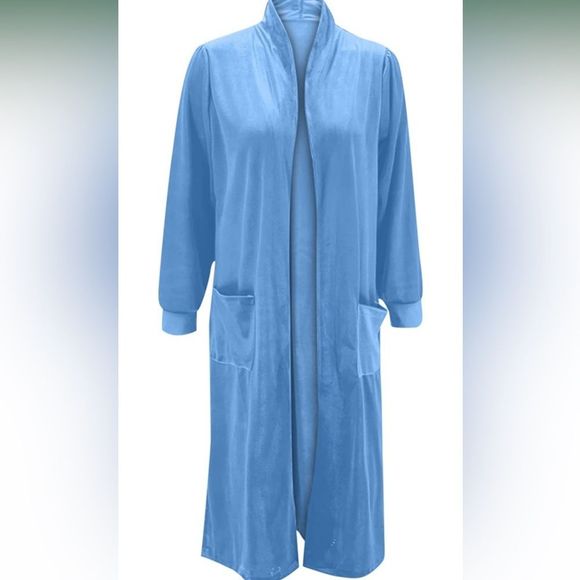Longline Velvet Retro Duster Coat Jacket in Powder Blue - Picture 15 of 16